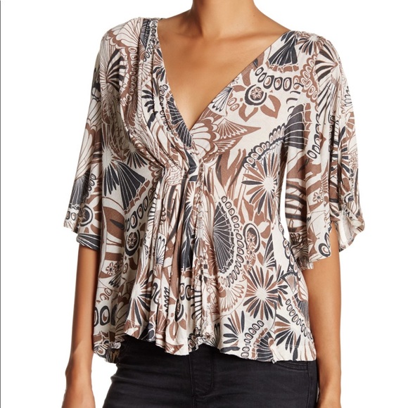 Free People Amour Ivory Printed Bell Sleeve Top